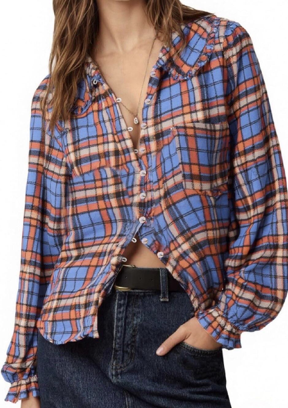 Tankaneo Peter Pan Collar Plaid Button Down Shirt Blue Women’s L